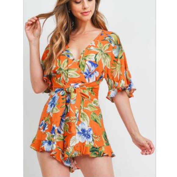 SKYLAR + MADISON Vibrant Rust Tropical Romper - Picture 2 of 7
